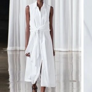 Zara Sleeveless White Midi Shirt Dress with Waist Tie